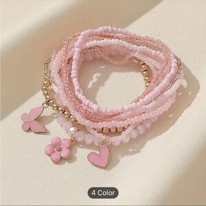 Pink Beads Beaded Bracelet Set Multi Layers Stackable Hand Jewelry